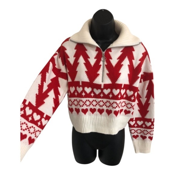 Jessica‎ Simpson red white pine hearts zip front pullover sweater size Small - Picture 5 of 17